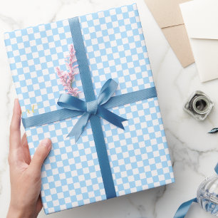 Custom Faux Gold Text Blue and White Chequered Wrapping Paper