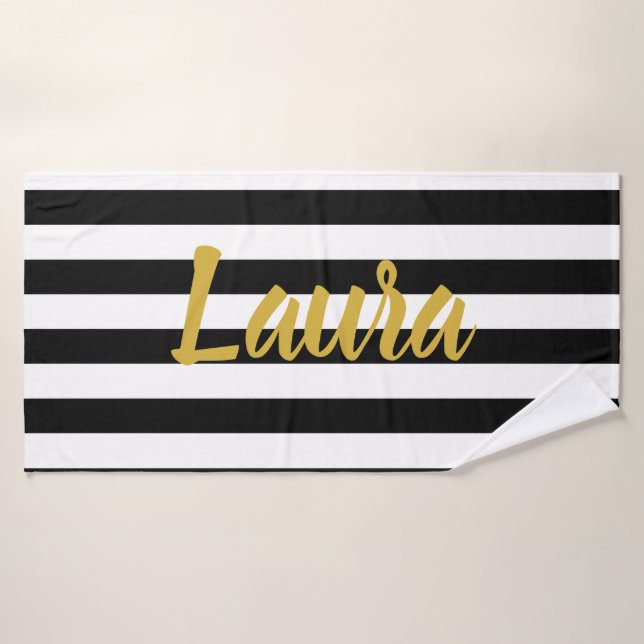 Custom Faux Gold Text on Black and White Striped Bath Towel Set (Bath Towel)