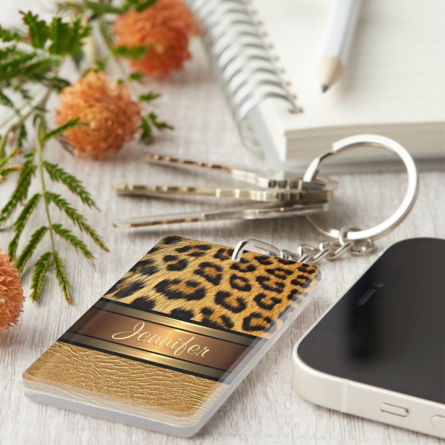 Custom Faux Leopard Skin Gold Leather Pattern Key Ring (Front Right)