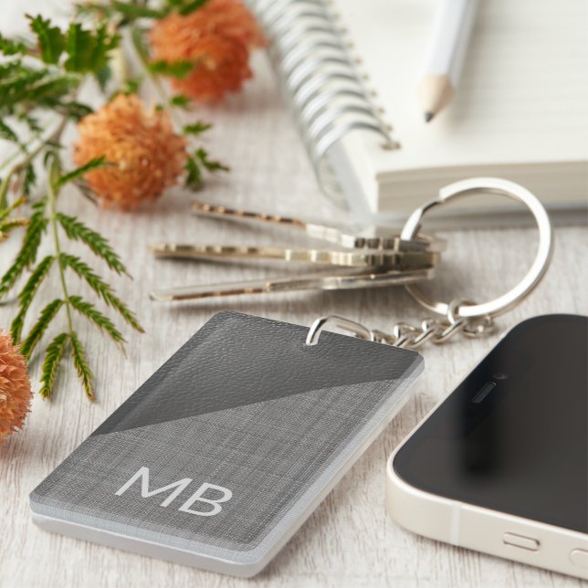 Custom Faux Light Medium Dark Grey Leather Look Key Ring (Front Right)