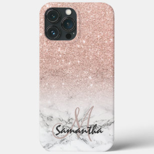 Custom faux rose pink glitter ombre white marble iPhone 13 pro max case