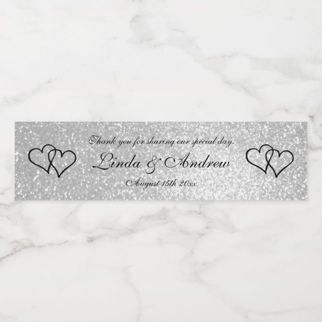 Custom faux silver glitter wedding party favour water bottle label (Single Label)