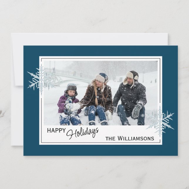 Custom Faux Silver Snowflakes On Dark Blue Holiday Card (Front)