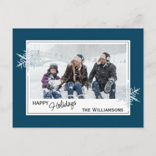 Custom Faux Silver Snowflakes On Dark Blue Postcard