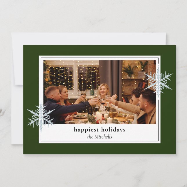 Custom Faux Silver Snowflakes On Dark Forest Green Holiday Card (Front)