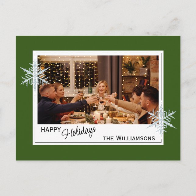 Custom Faux Silver Snowflakes On Dark Forest Green Postcard (Front)