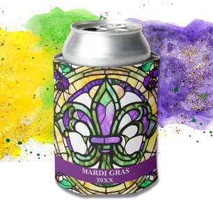 Custom Faux Stained Glass Mardi Gras Floral Can Cooler
