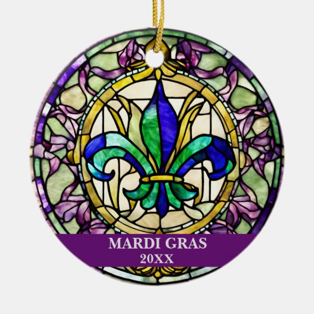 Custom Faux Stained Glass Mardi Gras Flower Ceramic Tree Decoration (Front)