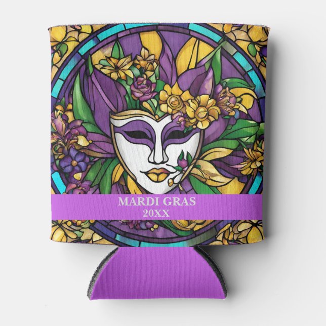 Custom Faux Stained Glass Mardi Gras Jazz Can Cooler (Front)