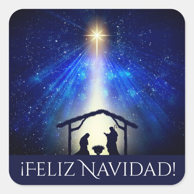 Custom Feliz Navidad Blue Nativity Christmas Star Square Sticker (Front)