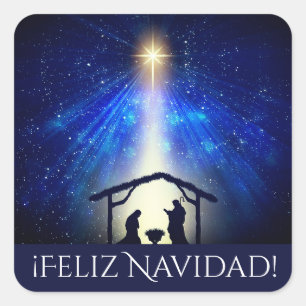 Custom Feliz Navidad Blue Nativity Christmas Star Square Sticker