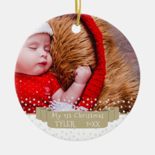 Custom Festive Banner Baby`s First Christmas Photo Ceramic Tree Decoration
