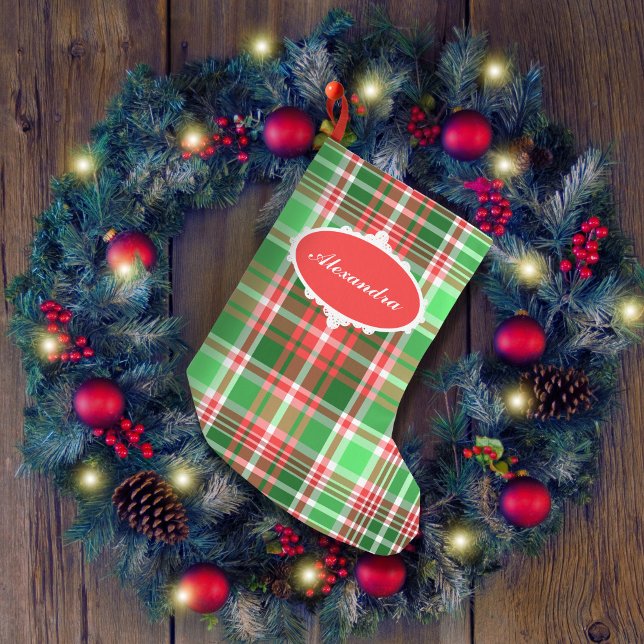 Custom Festive Classic Red Green Plaid Small Christmas Stocking (Creator Uploaded)