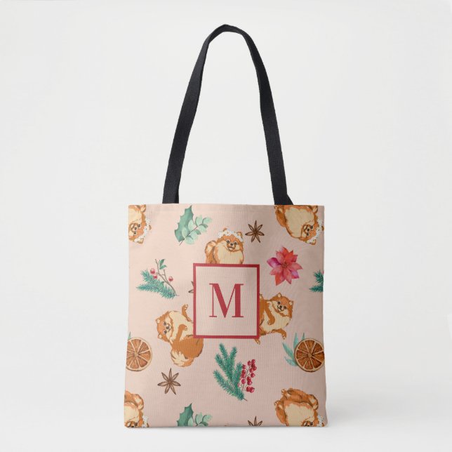 Custom Festive Fluffy Dog Christmas Tote Bag (Front)