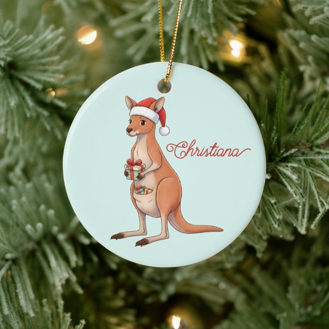 Custom Festive Kangaroo With Santa Hat Christmas Ceramic Tree Decoration (Tree)