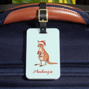 Custom Festive Kangaroo With Santa Hat Christmas Luggage Tag
