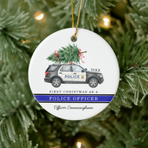 Custom Festive Police Officer Car First Christmas Ceramic Tree Decoration