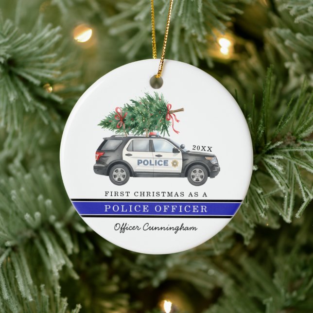 Custom Festive Police Officer Car First Christmas  Ceramic Tree Decoration (Tree)