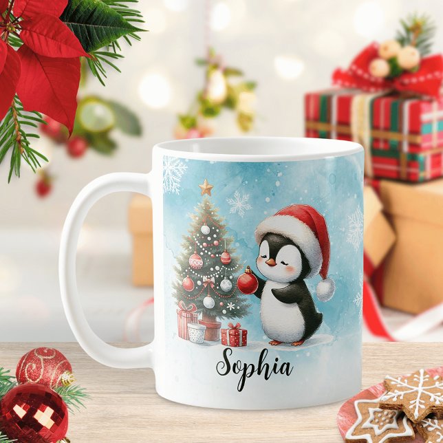 Custom Festive Red and Blue Cute Penguin Christmas Coffee Mug (Creator Uploaded)