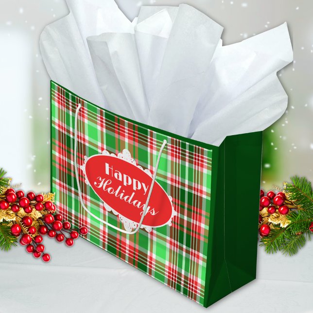 Custom Festive Red Green Plaid Happy Holidays Large Gift Bag (Creator Uploaded)