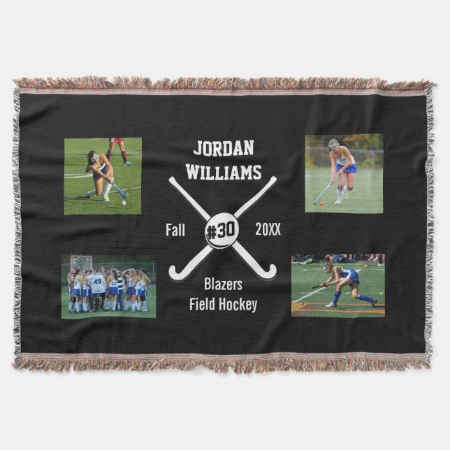 Custom Field Hockey Photo Collage Name Team Number Throw Blanket (Front)