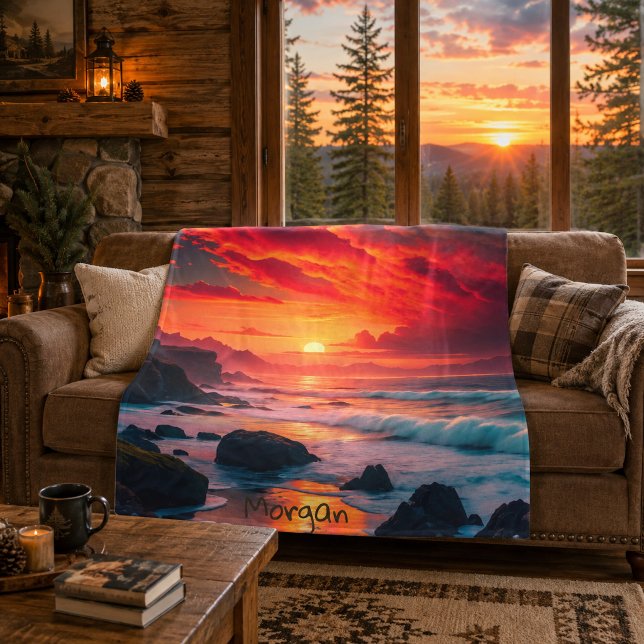 Custom Fiery Sunset Coastline – Ocean Cliffs Fleece Blanket (Creator Uploaded)