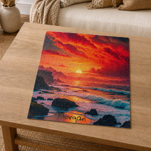 Custom Fiery Sunset Coastline – Ocean Cliffs Jigsaw Puzzle