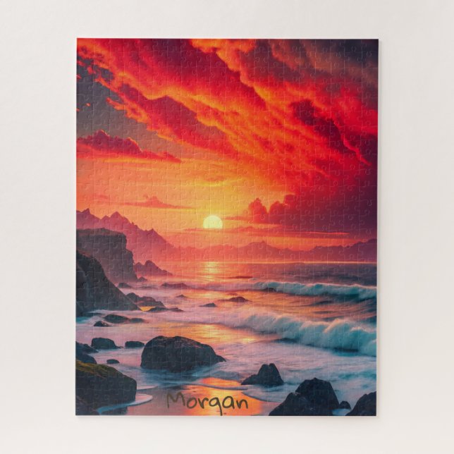 Custom Fiery Sunset Coastline – Ocean Cliffs Jigsaw Puzzle (Vertical)