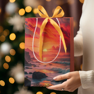Custom Fiery Sunset Coastline – Ocean Cliffs Medium Gift Bag