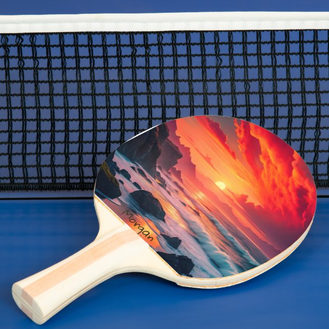 Custom Fiery Sunset Coastline – Ocean Cliffs Ping Pong Paddle (Insitu)