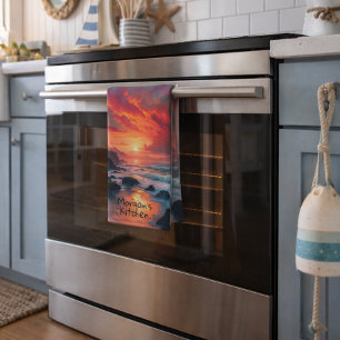 Custom Fiery Sunset Coastline – Ocean Cliffs Tea Towel