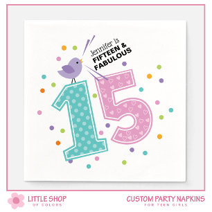 Custom Fifteen and Fabulous Pink Confetti Birthday Napkin