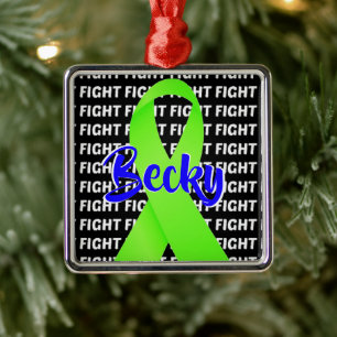 CUSTOM Fight Lymphoma Cancer Lime Green Ribbon Metal Tree Decoration