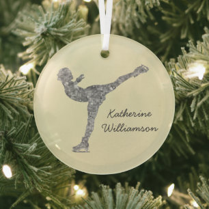 Custom Figure Skating Ice Skating Silver Shimmer Glass Tree Decoration