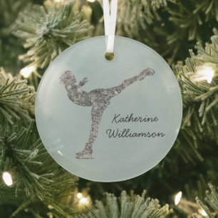Custom Figure Skating Ice Skating Silver Shimmer Glass Tree Decoration