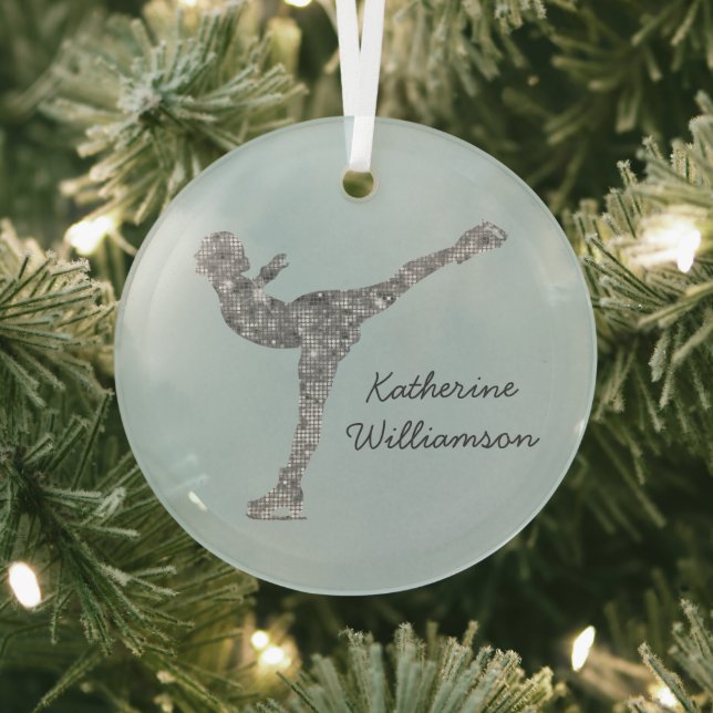 Custom Figure Skating Ice Skating Silver Shimmer Glass Tree Decoration (Insitu)