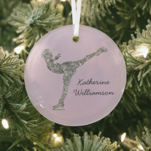 Custom Figure Skating Ice Skating Silver Shimmer Glass Tree Decoration