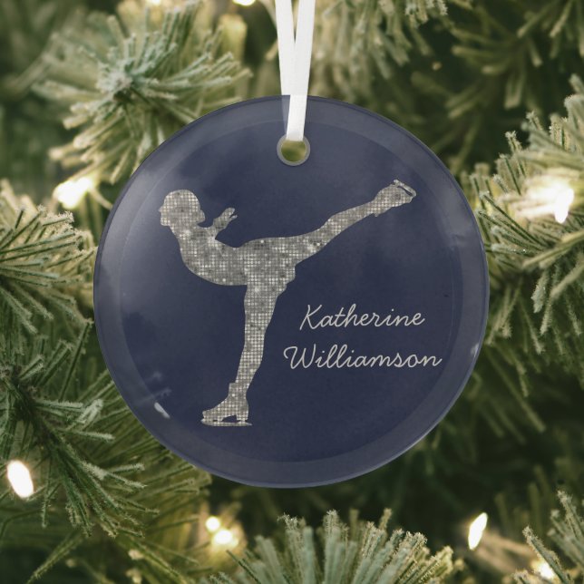 Custom Figure Skating Ice Skating Silver Shimmer Glass Tree Decoration (Insitu)