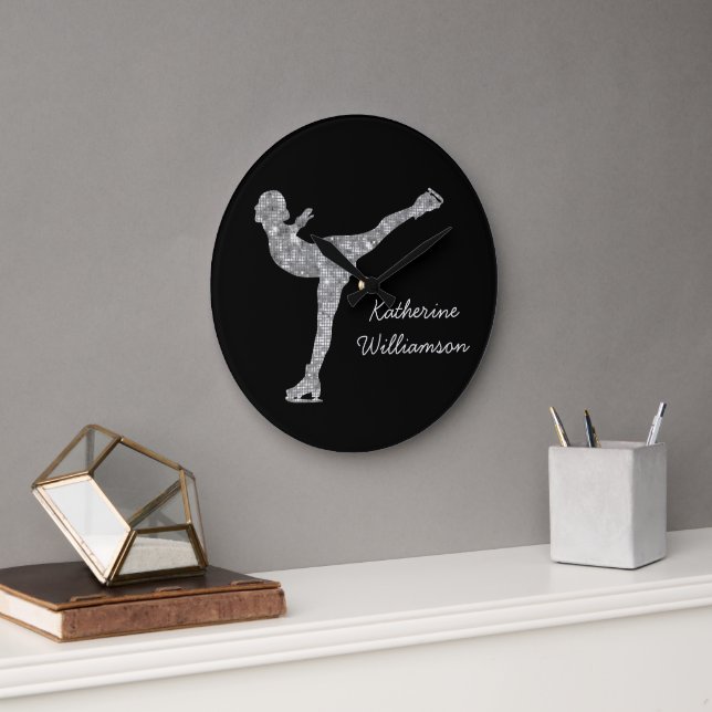 Custom Figure Skating Ice Skating Silver Shimmer Large Clock (Office)