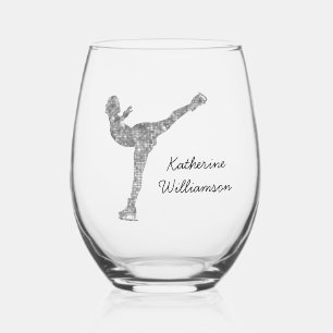 Custom Figure Skating Ice Skating Silver Shimmer Stemless Wine Glass