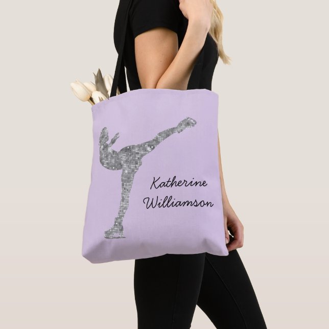 Custom Figure Skating Ice Skating Silver Shimmer Tote Bag (Close Up)
