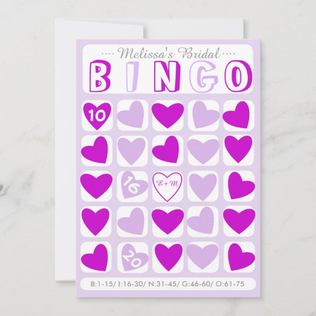 Custom fill it in bridal bingo purple game card (Front)