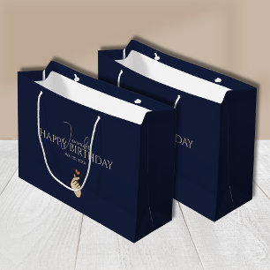 Custom Finger Heart Shape Happy Birthday Navy Blue Large Gift Bag