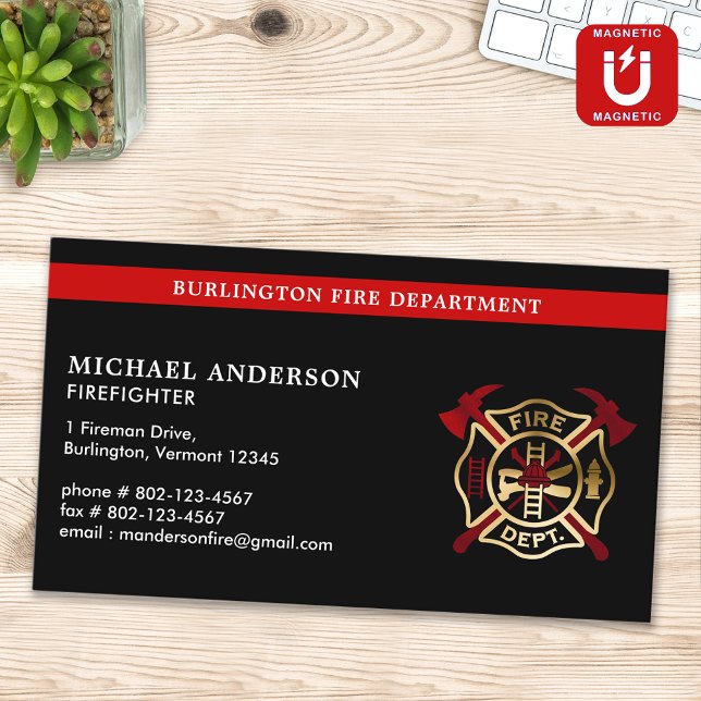 Custom Fire Department Logo Modern Firefighter  Magnetic Business Card (Creator Uploaded)