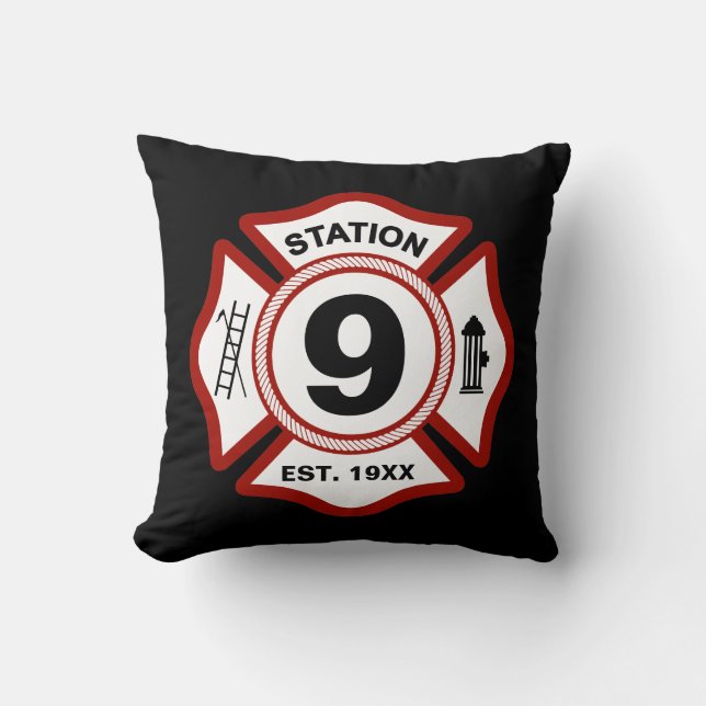 Custom Fire Station Number Maltese Cross Black Cushion (Front)