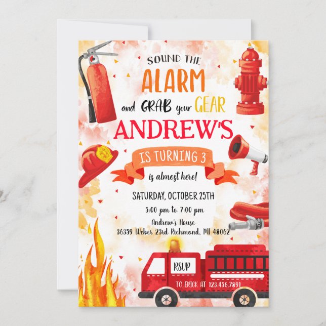 Custom Fire truck Birthday party Invitation (Front)