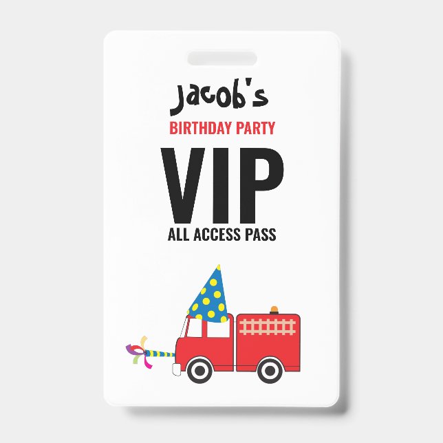 Custom Fire Truck Birthday Party Pass Favour  ID Badge (Front)