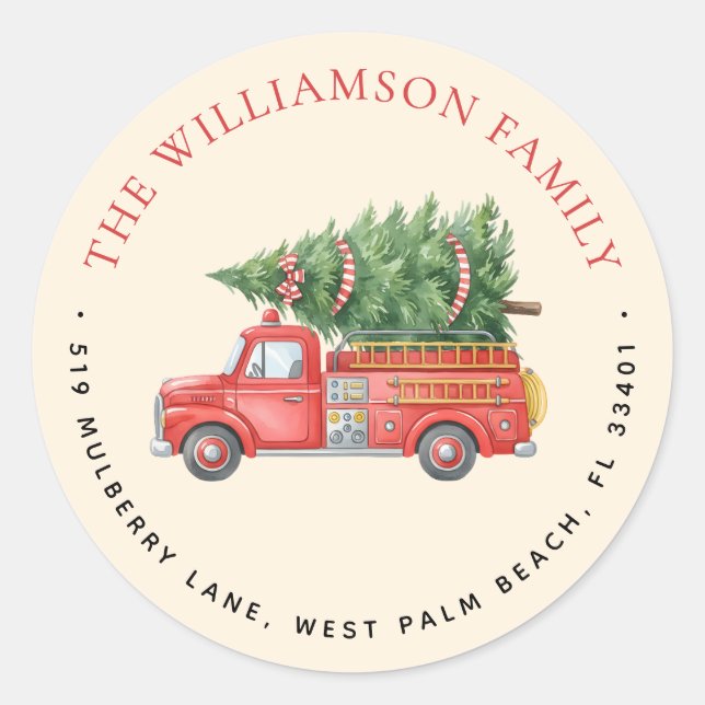 Custom Firefighter Christmas Fire Truck Address Classic Round Sticker (Front)