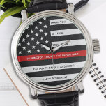 Custom Firefighter Fire Service Fireman Retirement Watch<br><div class="desc">Celebrate and show your appreciation to an outstanding Firefighter with this Thin Red Line Retirement or Anniversary Firefighter Watch - American flag design in Firefighter Flag colours in a modern black an red design . Perfect for fire service awards and Firefighter Retirement gifts and fireman retirement. Personalise this firefighters retirement...</div>