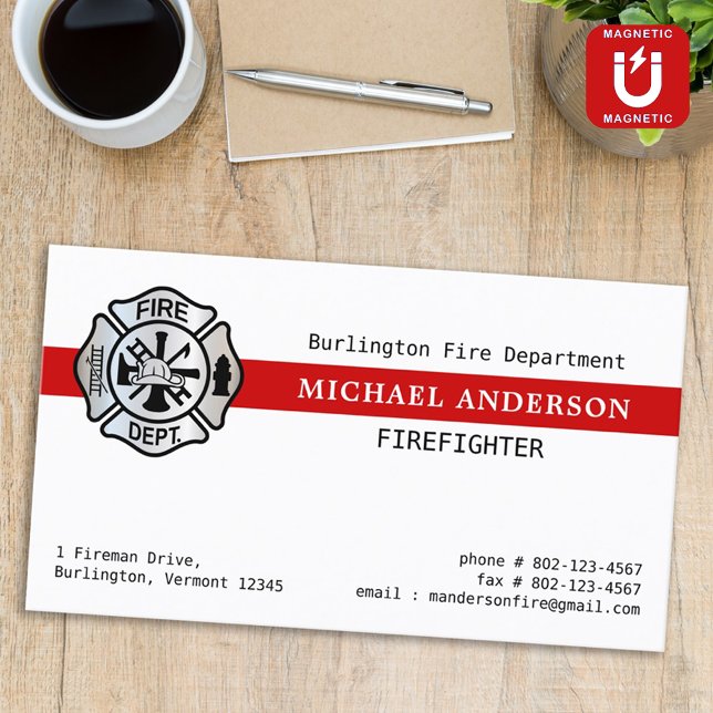 Custom Firefighter Fire Station Red Line Logo Magnetic Business Card (Creator Uploaded)